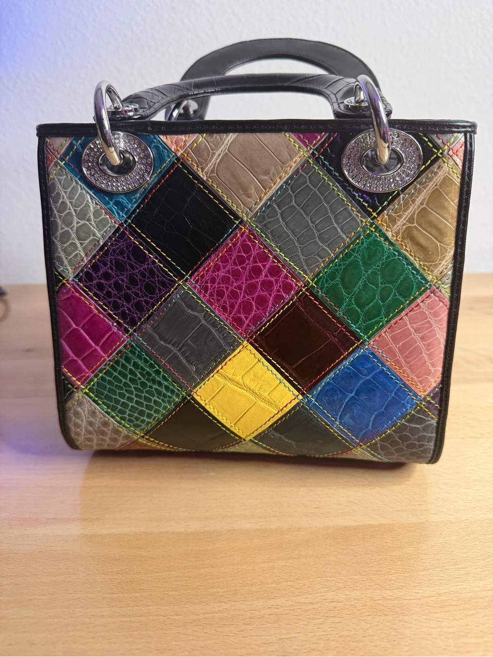 CD LadyD patchwork tote multicolor crocodileembossed signature silver tone charm - Picture 9 of 11